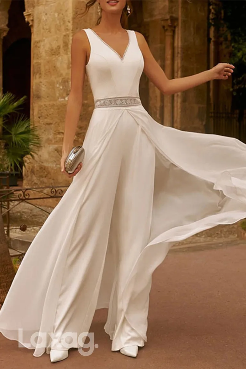 22668 - Jumpsuit Pantsuit V-neck Sleeveless Elastic Satin Floor Wedding Dress