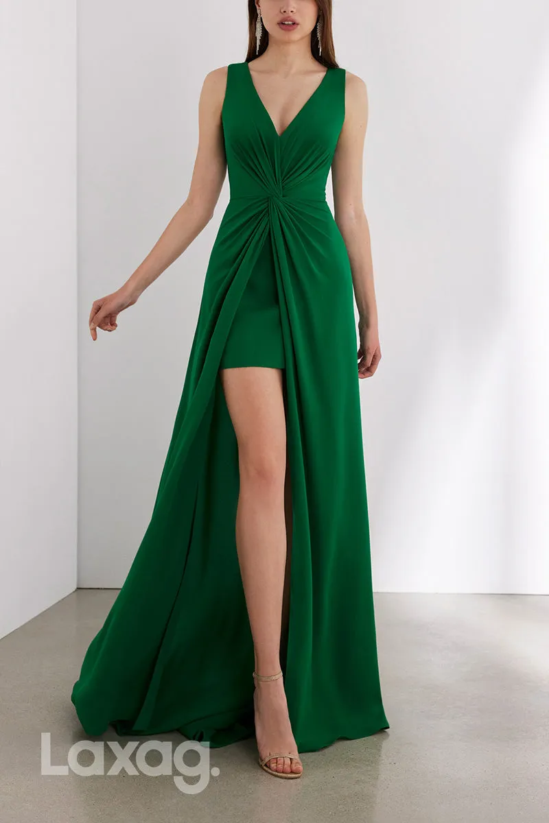 22972 - V-Neck Sleeveless Cocktail Party Formal Evening Dress with Slit and Train