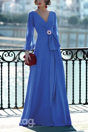 23082 - A-Line V-Neck Long Sleeves Beaded Cocktail Party Formal Evening Dress