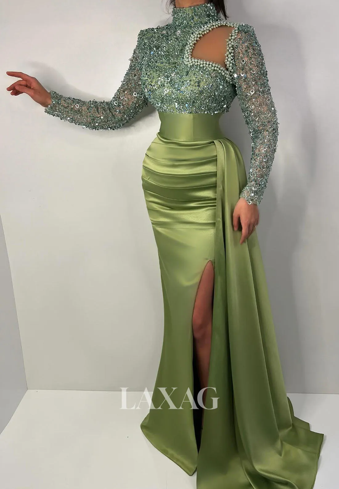 23171 - High Neck Long Sleeves Cutout Pearls Sequins Party Prom Formal Evening Dress with Slit