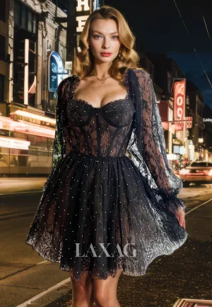 A-Line Long Sleeves Lace Tulle Beaded Elegant Party Homecoming Dress