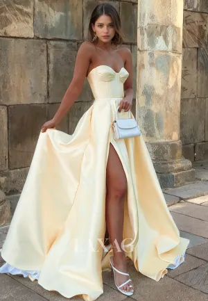 A-Line Strapless Sleek Satin High Slit Party Prom Formal Evening Dress with Train