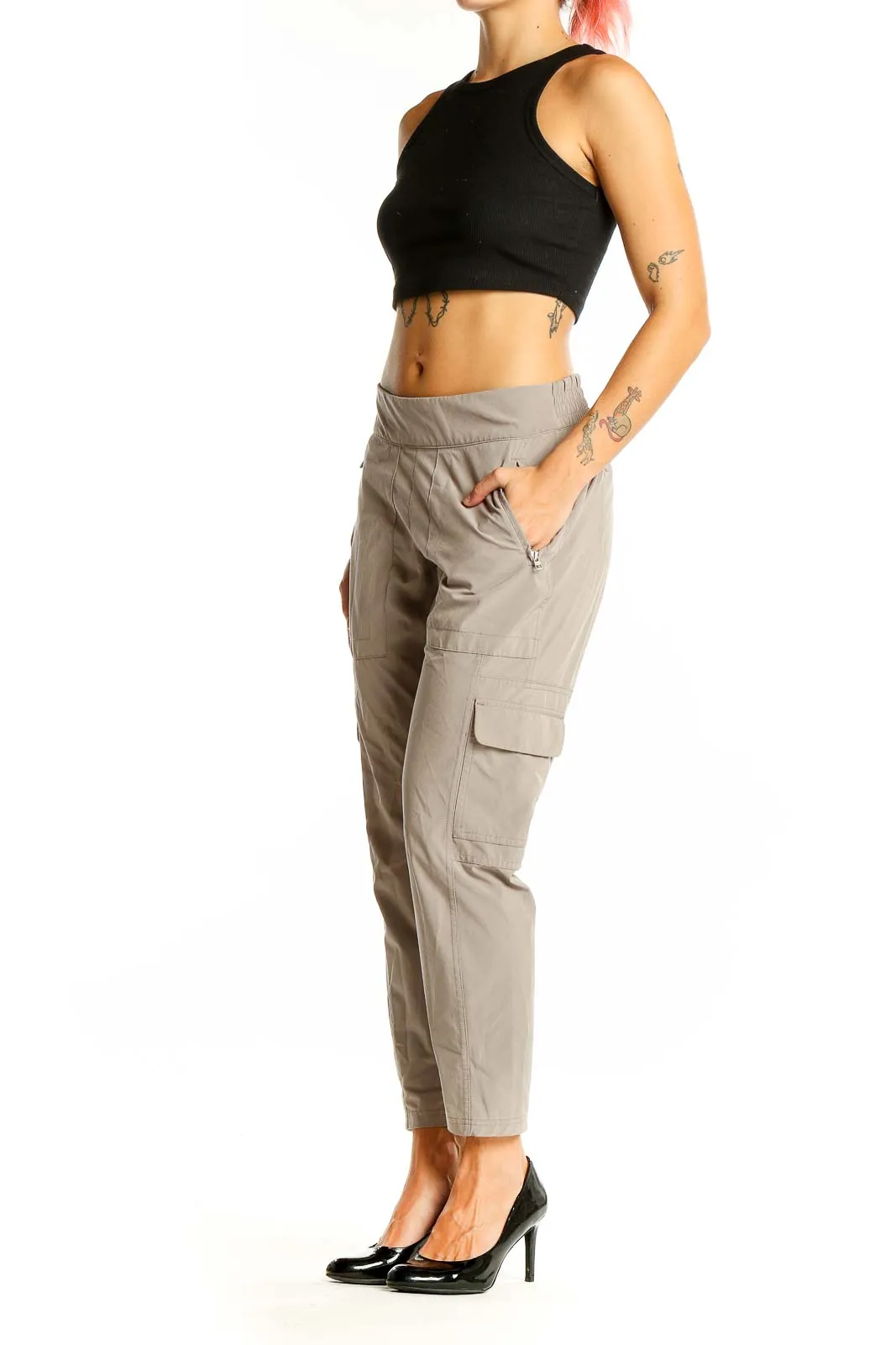 Beige Cargo-Style Athletic Pants