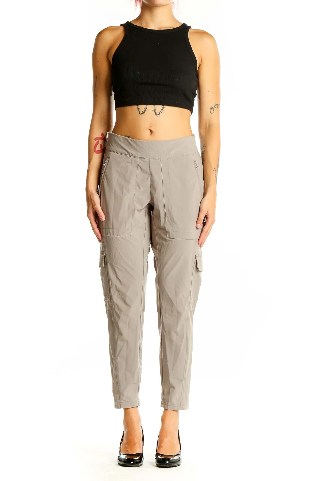 Beige Cargo-Style Athletic Pants