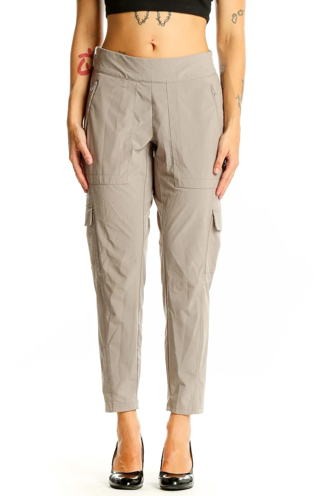 Beige Cargo-Style Athletic Pants