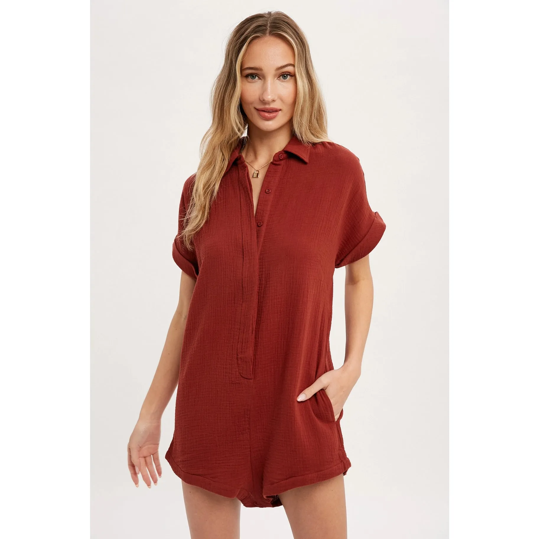 Button Up Shirt Romper - Brick