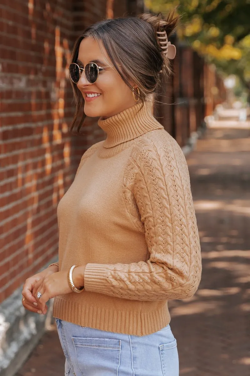 Camel Cable Knit Sleeve Turtleneck Sweater - DOORBUSTER