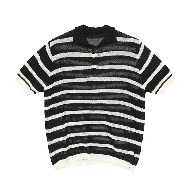 CHICMY-Men's Outfits Summer Men's Clothing Light Luxury Mesh Striped Polo Shirt Korean Short Sleeve Button-down Retro Fashion Leisure Loose Knitwear