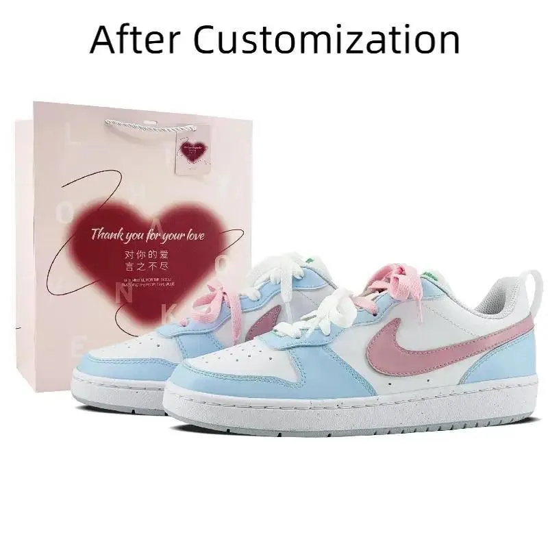 【Customize】Nike Court Borough Skateboarding Shoes Women's Low-top Blue/pink Sneakers shoes DV5456-109