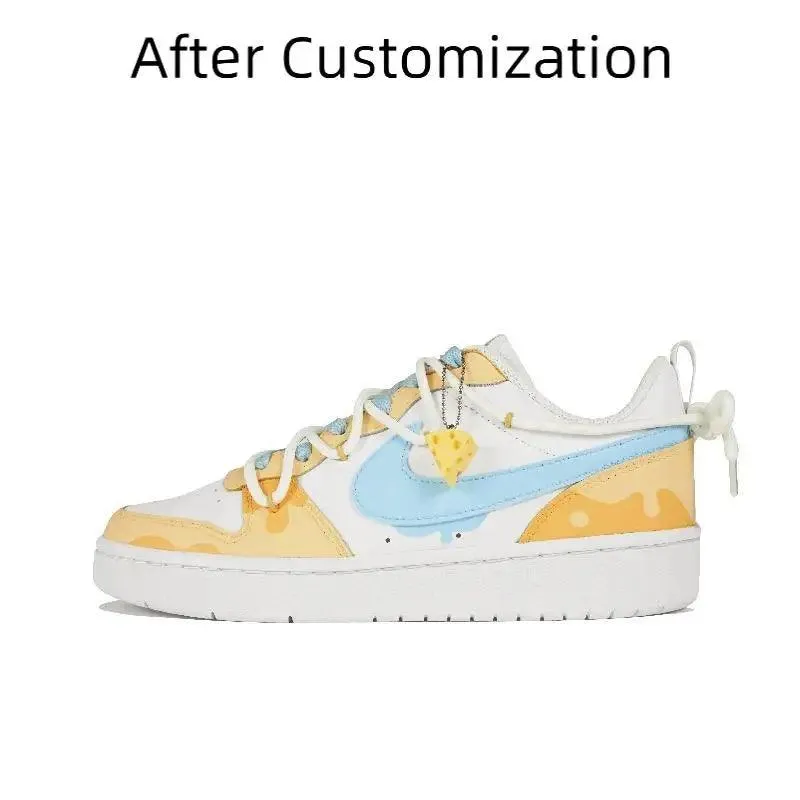 【Customize】Nike Court Borough Skateboarding Shoes Women's Low-top Yellow, Blue And White Sneakers shoes DV5456-106