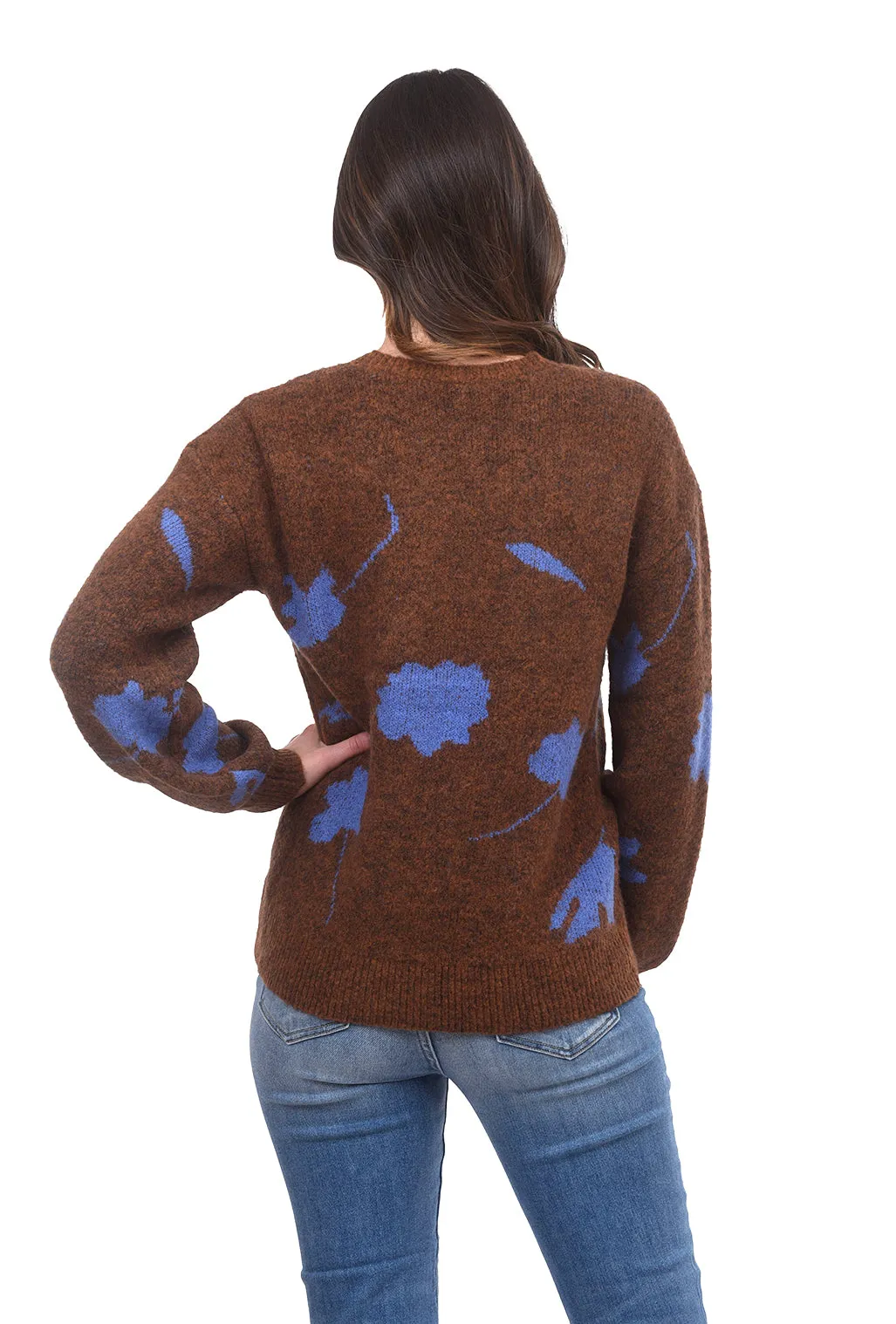 Flower Print Crew Sweater, Brown