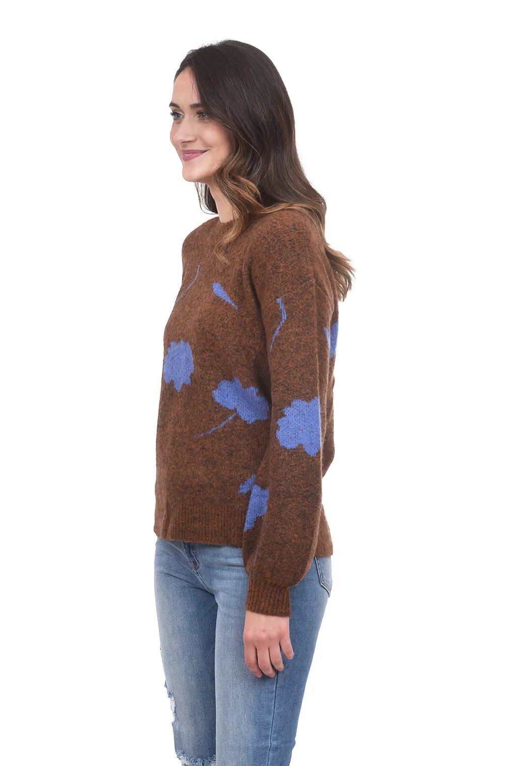 Flower Print Crew Sweater, Brown