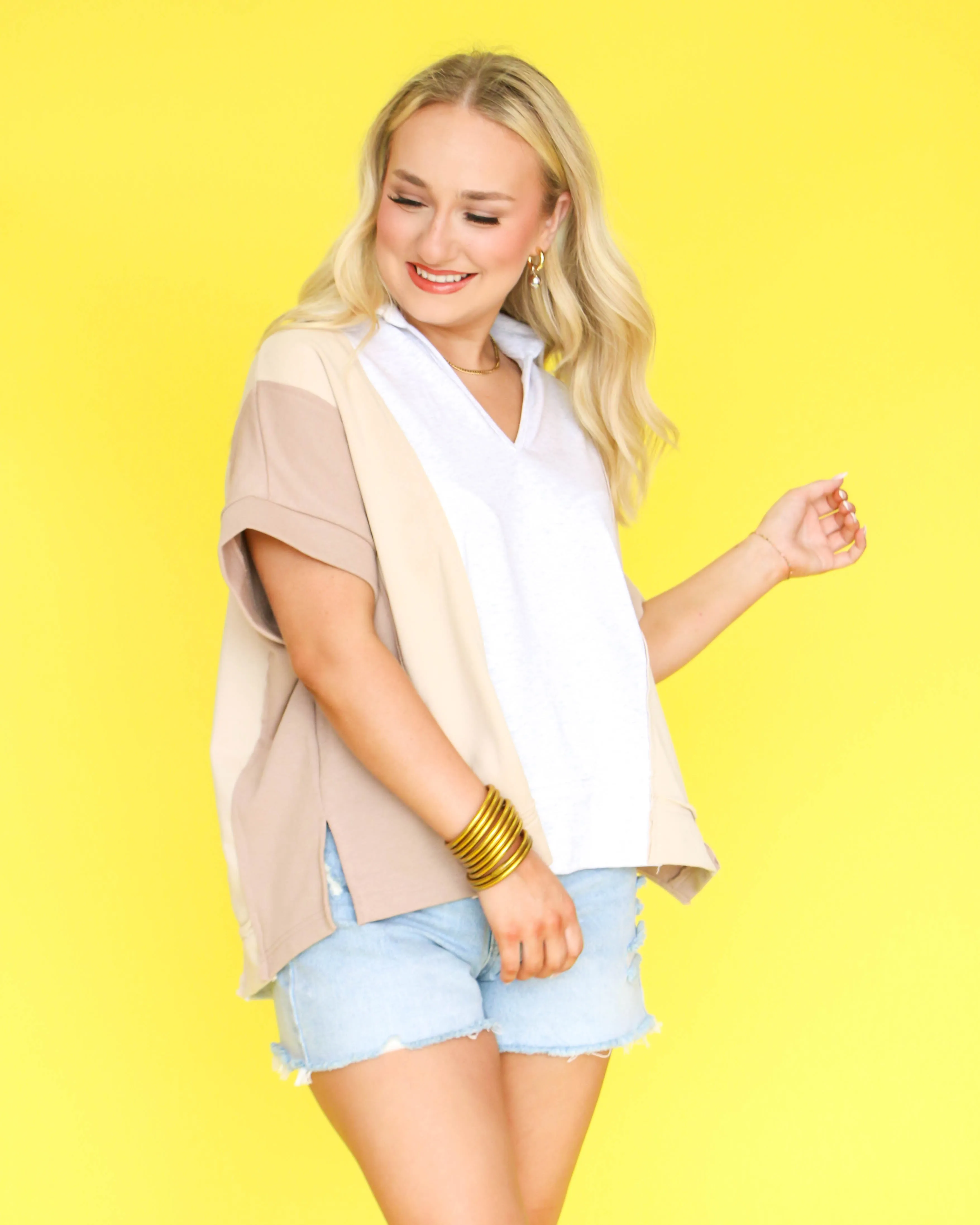 Grey Color Block Collared Top