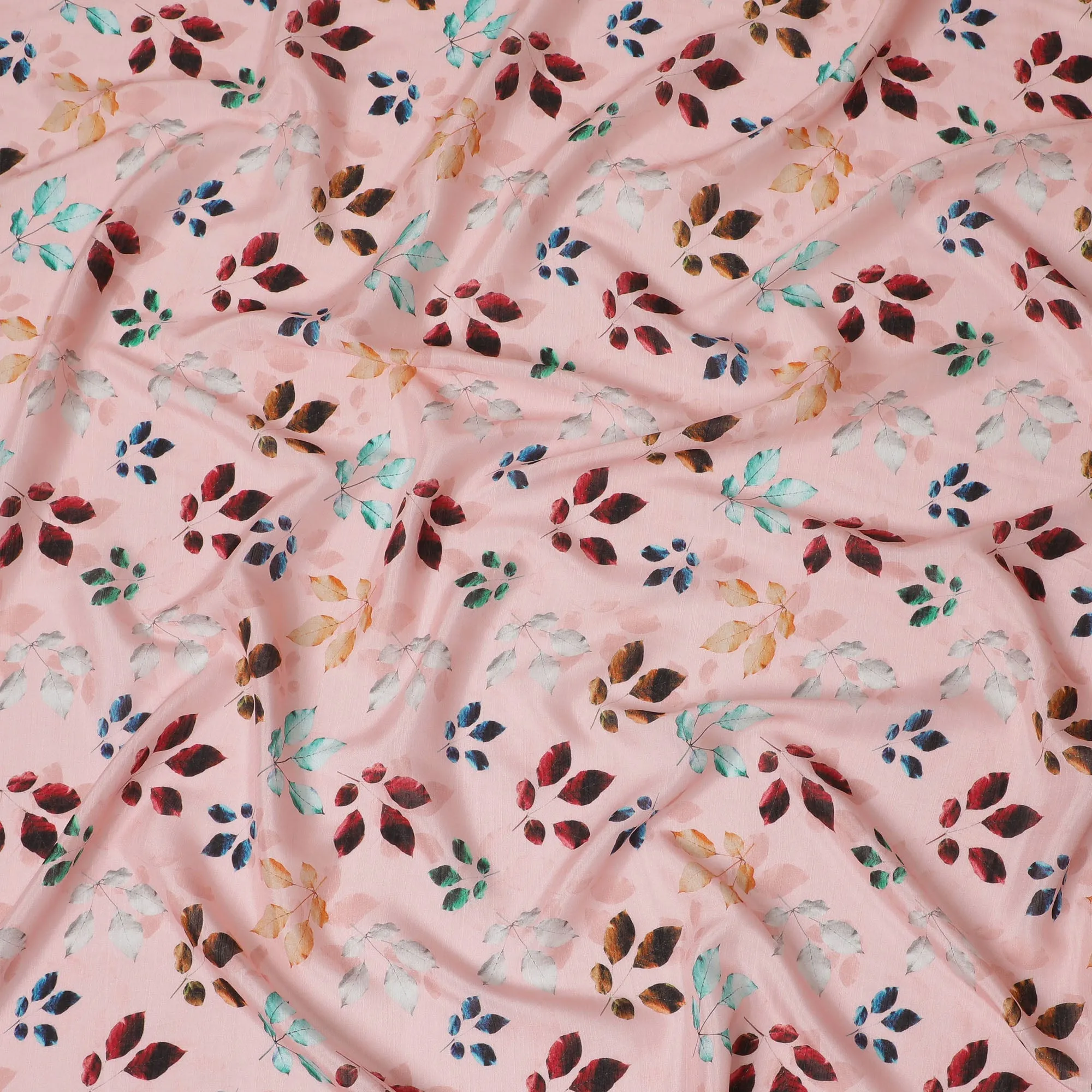 Light Pink with Multicolor Leaf Print Viscose Digital Printed Fabric - 110 cm Width-D19994