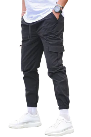 Mens Black Cargo Pants Elastic Bottom  2 Pockets With Zipper Slim Fit