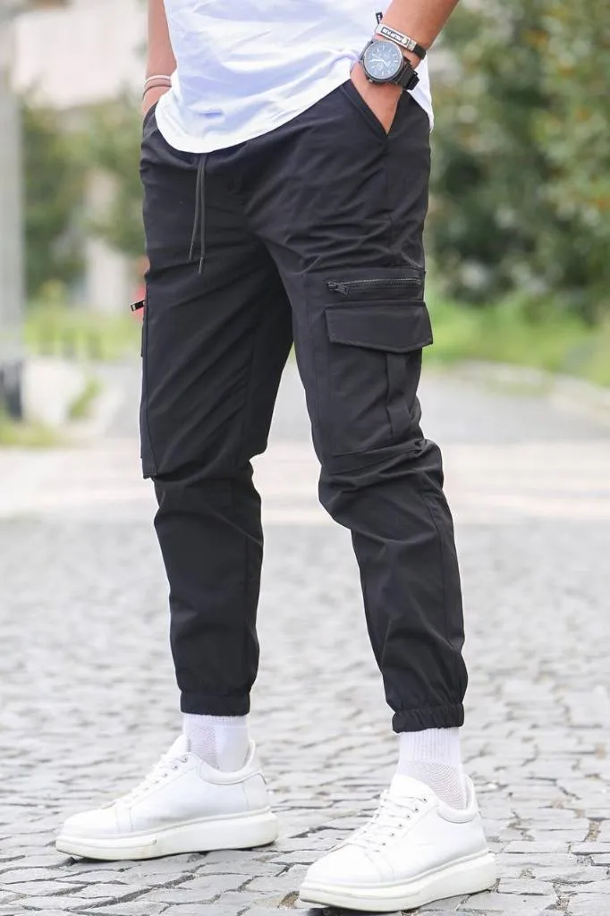 Mens Black Cargo Pants Elastic Bottom  2 Pockets With Zipper Slim Fit