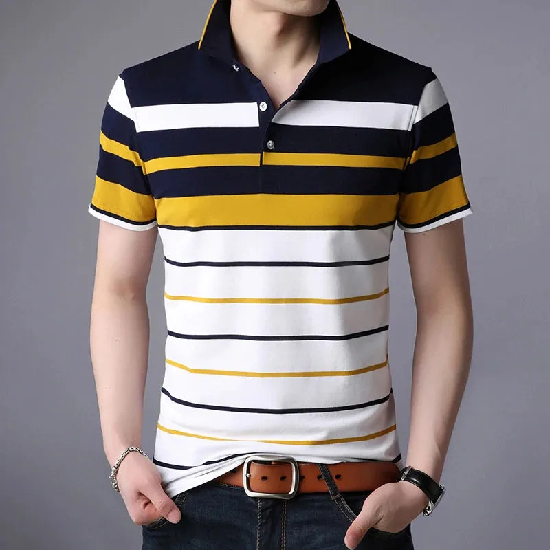 Men's Lapel Short Sleeved Multi Color Stripes Trendy POLO