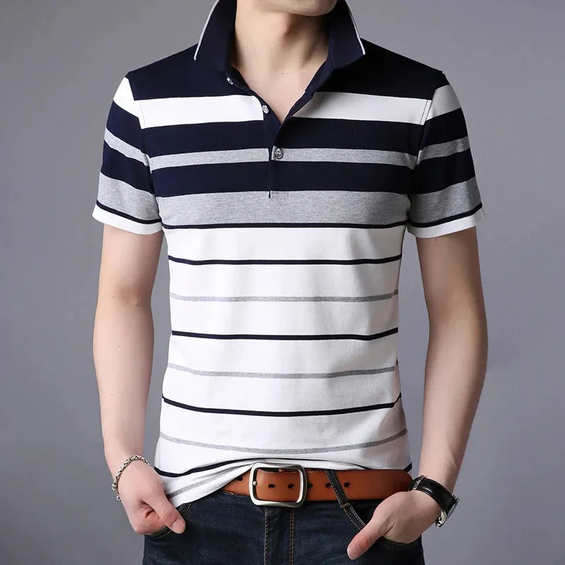 Men's Lapel Short Sleeved Multi Color Stripes Trendy POLO