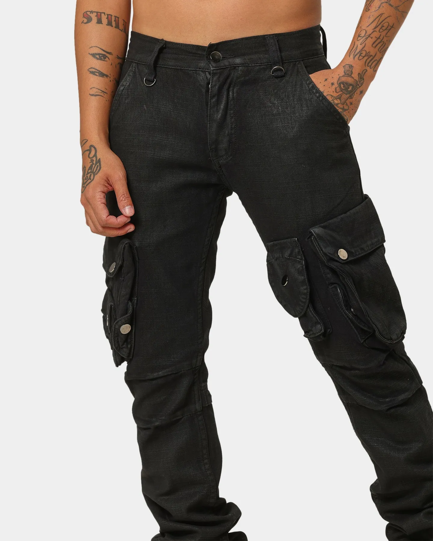 MNML Waxed Denim Cargo Pants Black