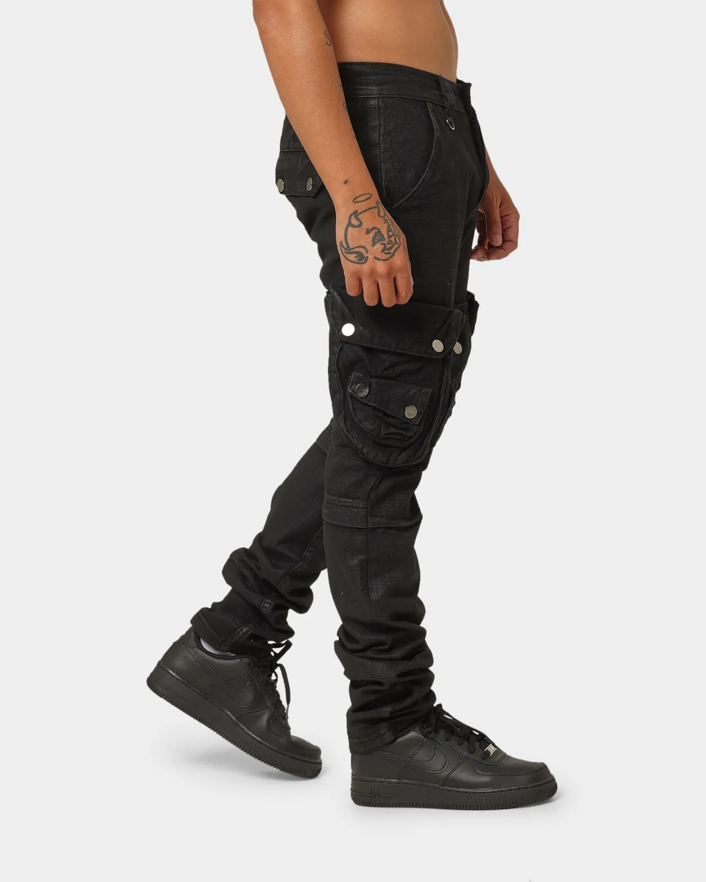 MNML Waxed Denim Cargo Pants Black