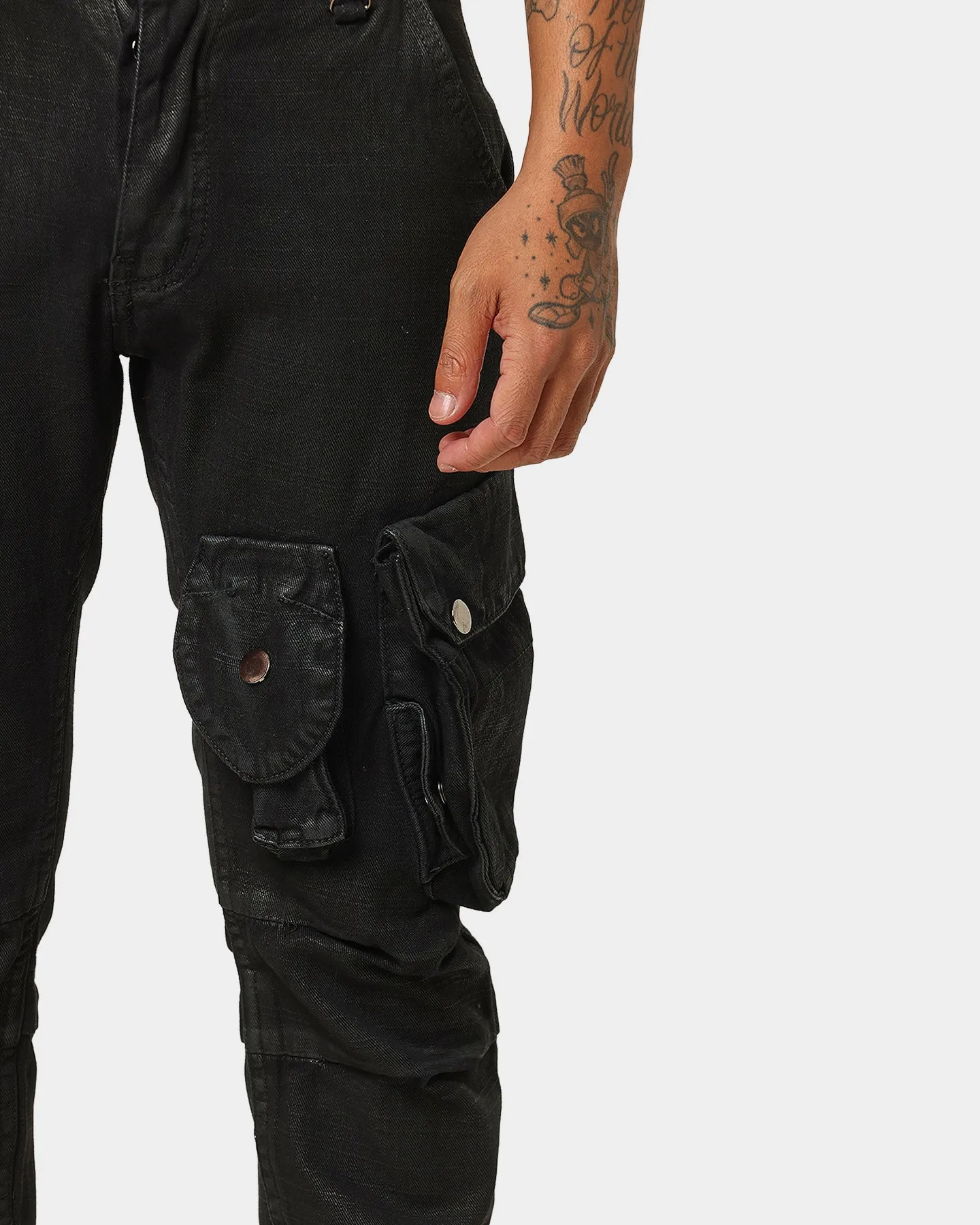 MNML Waxed Denim Cargo Pants Black