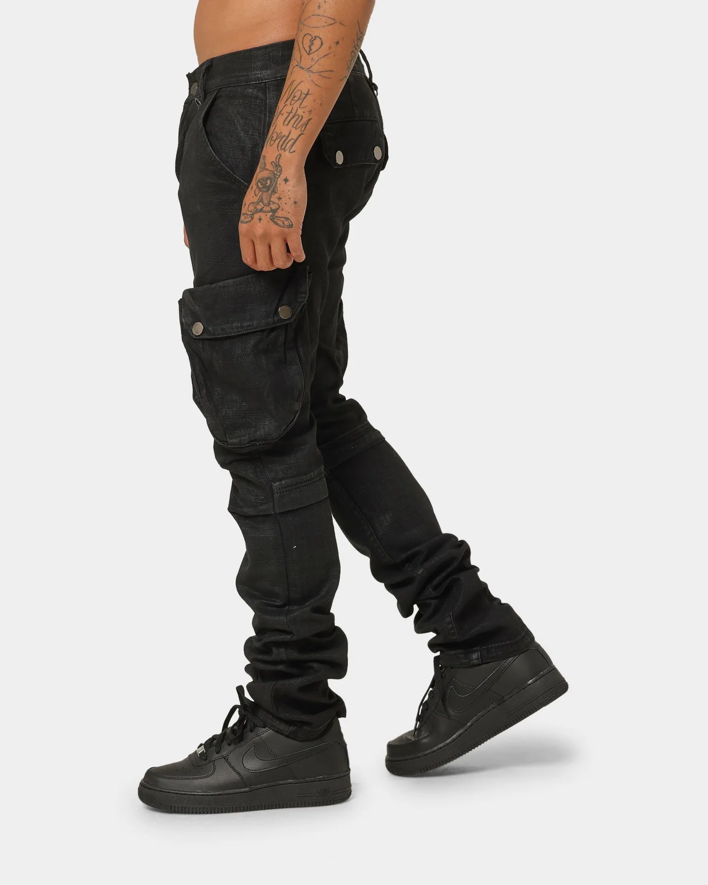 MNML Waxed Denim Cargo Pants Black