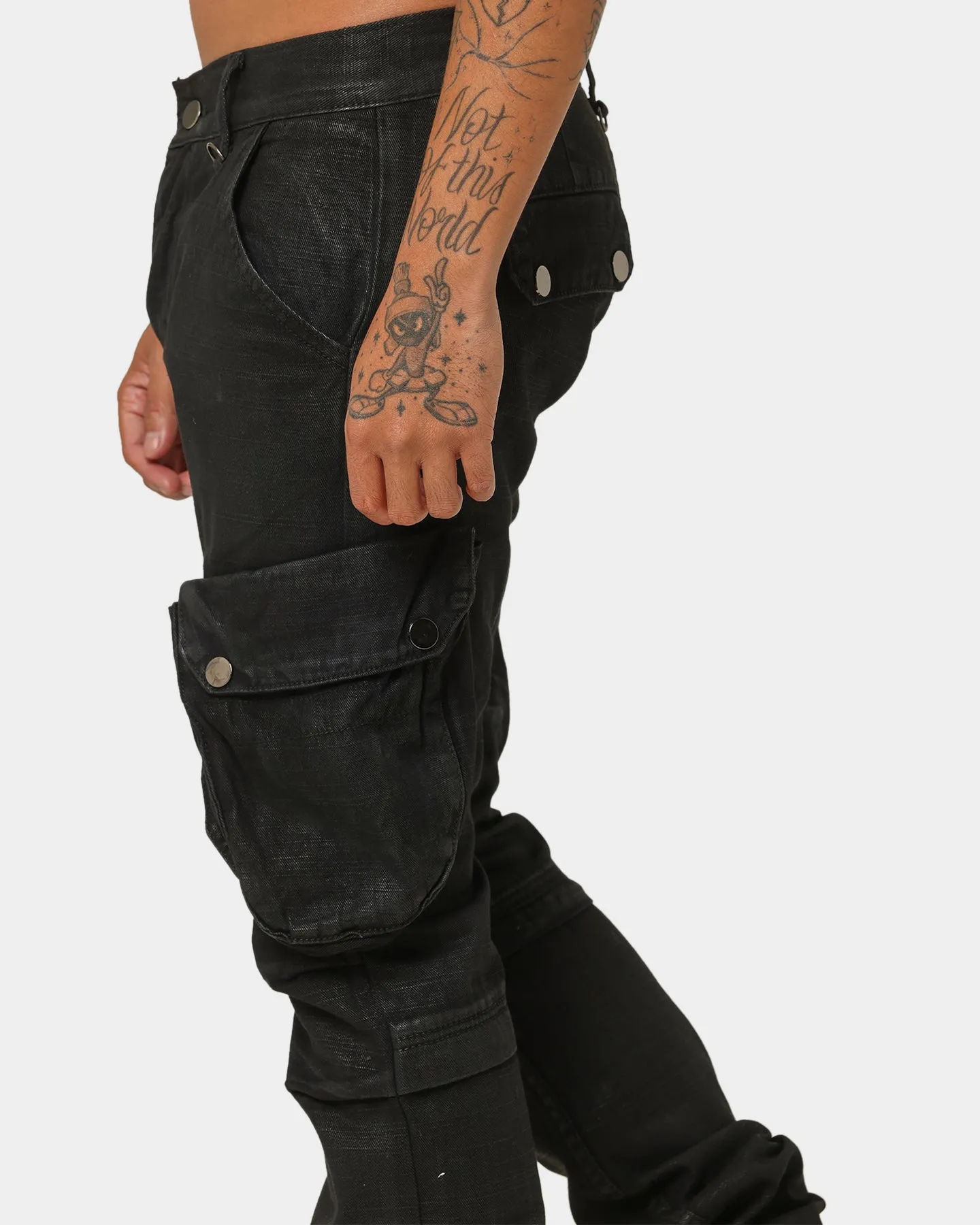 MNML Waxed Denim Cargo Pants Black