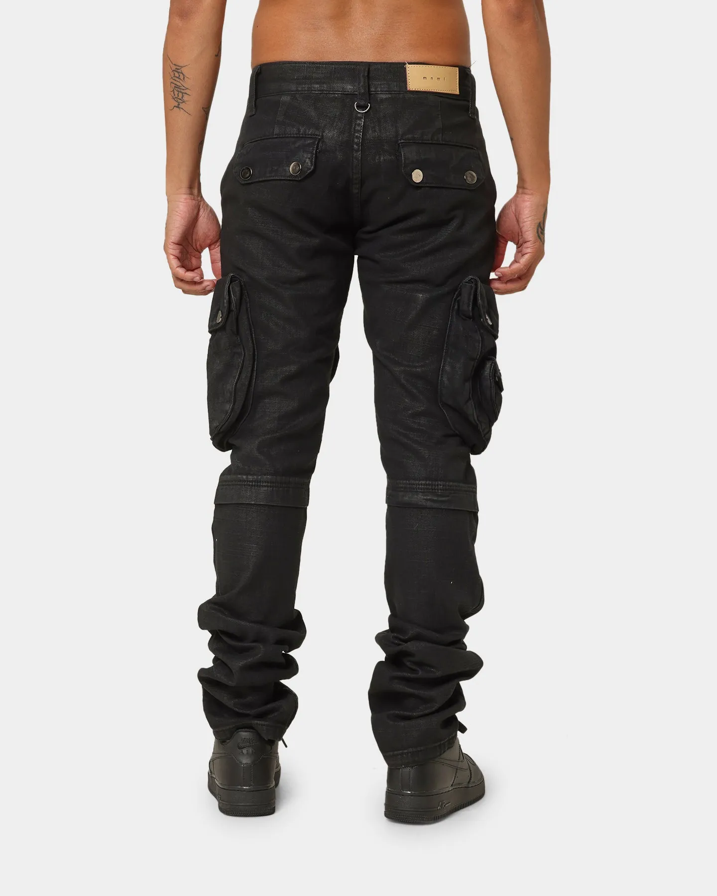 MNML Waxed Denim Cargo Pants Black