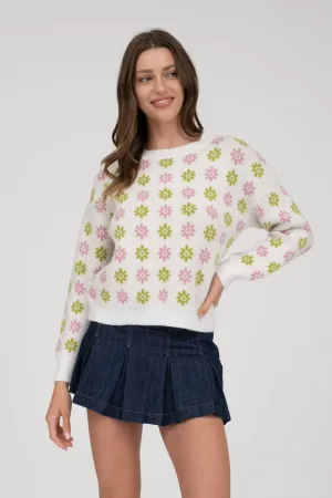 MULTICOLOR FLORAL PRINT LONG SLEEVE KNIT PULLOVER