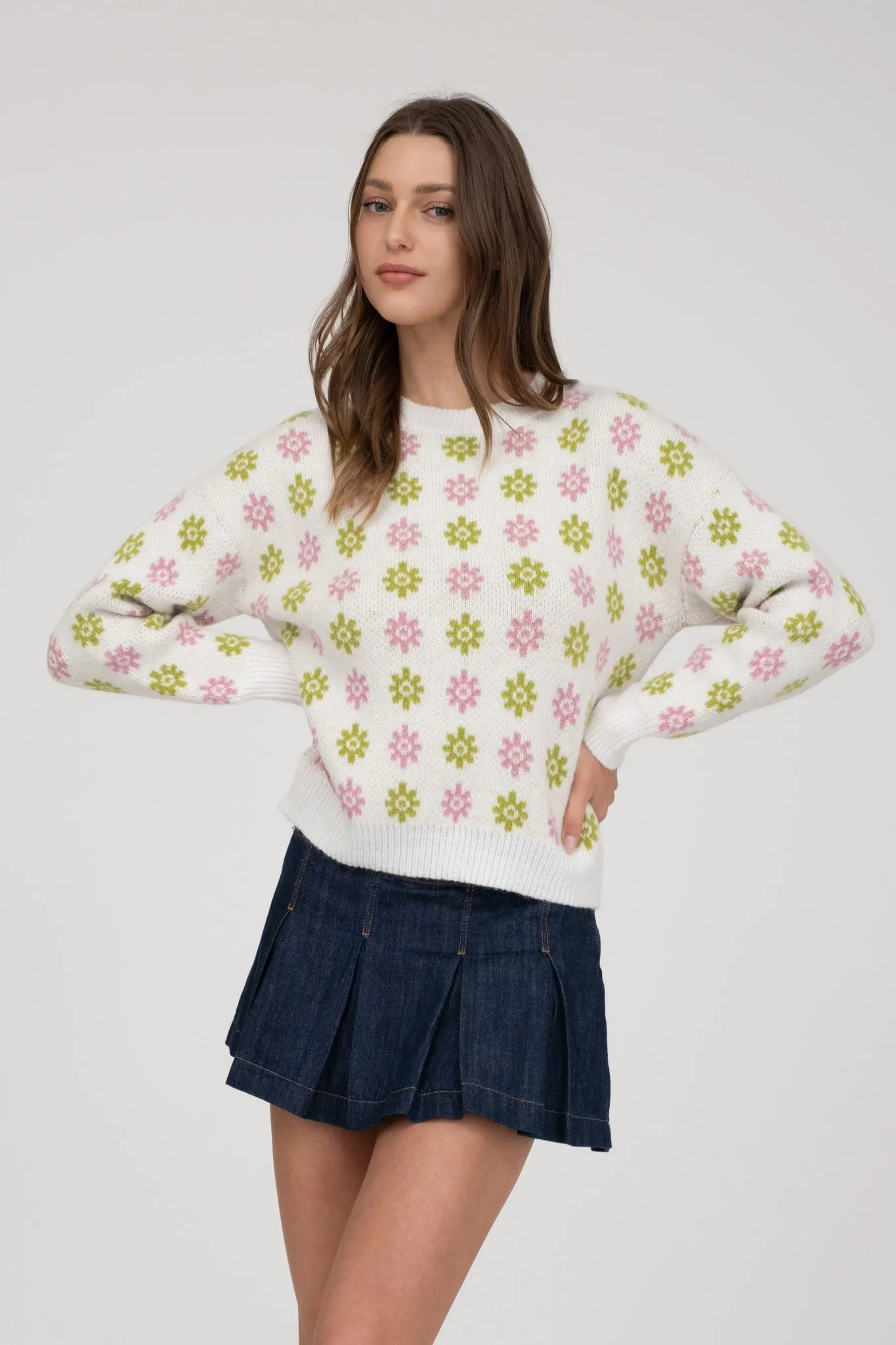 MULTICOLOR FLORAL PRINT LONG SLEEVE KNIT PULLOVER