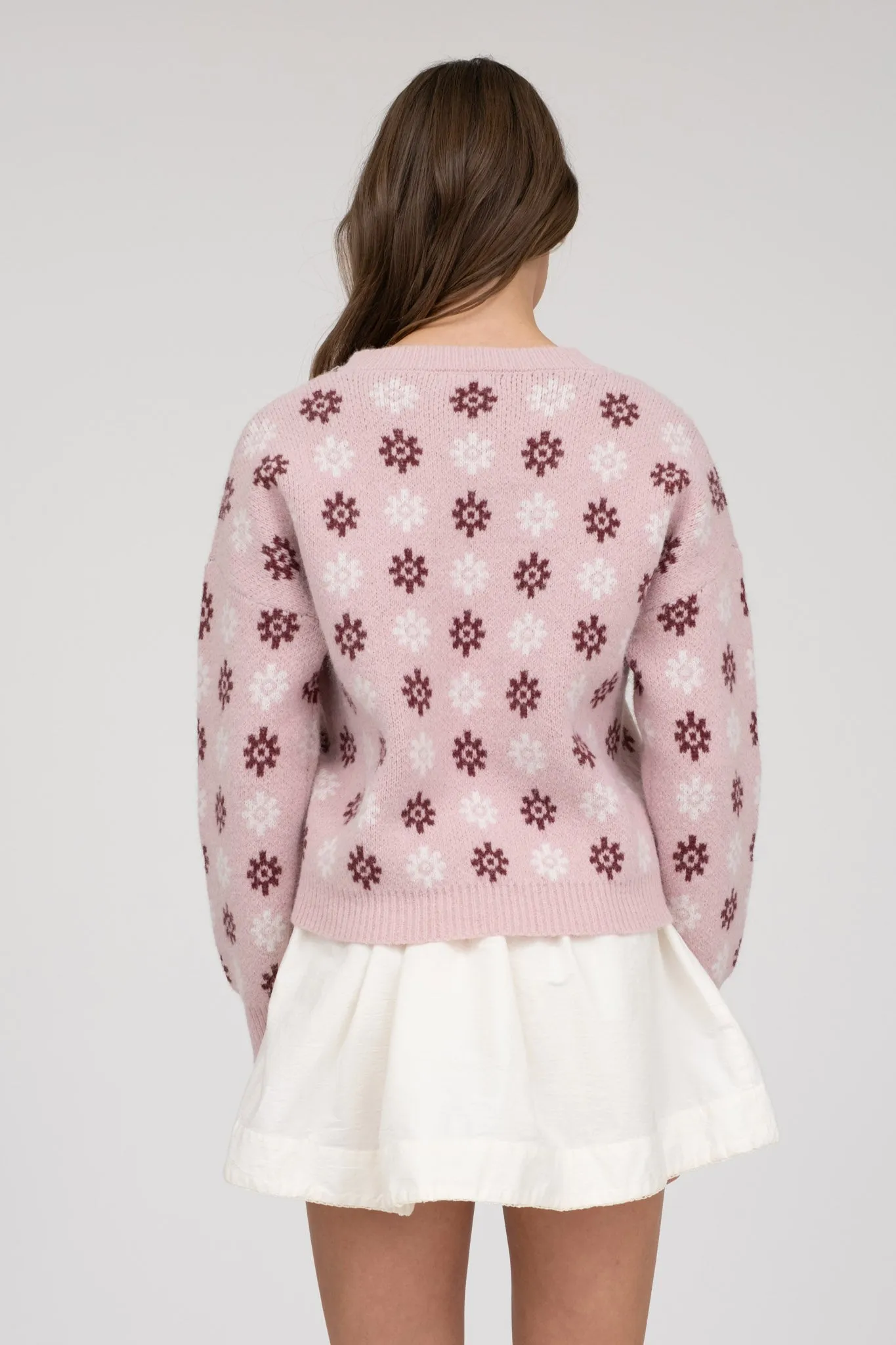 MULTICOLOR FLORAL PRINT LONG SLEEVE KNIT PULLOVER