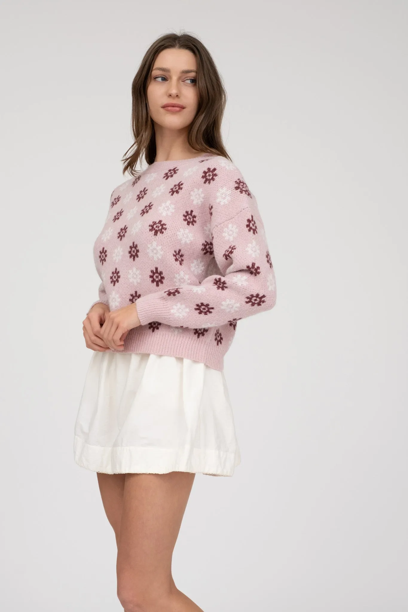 MULTICOLOR FLORAL PRINT LONG SLEEVE KNIT PULLOVER