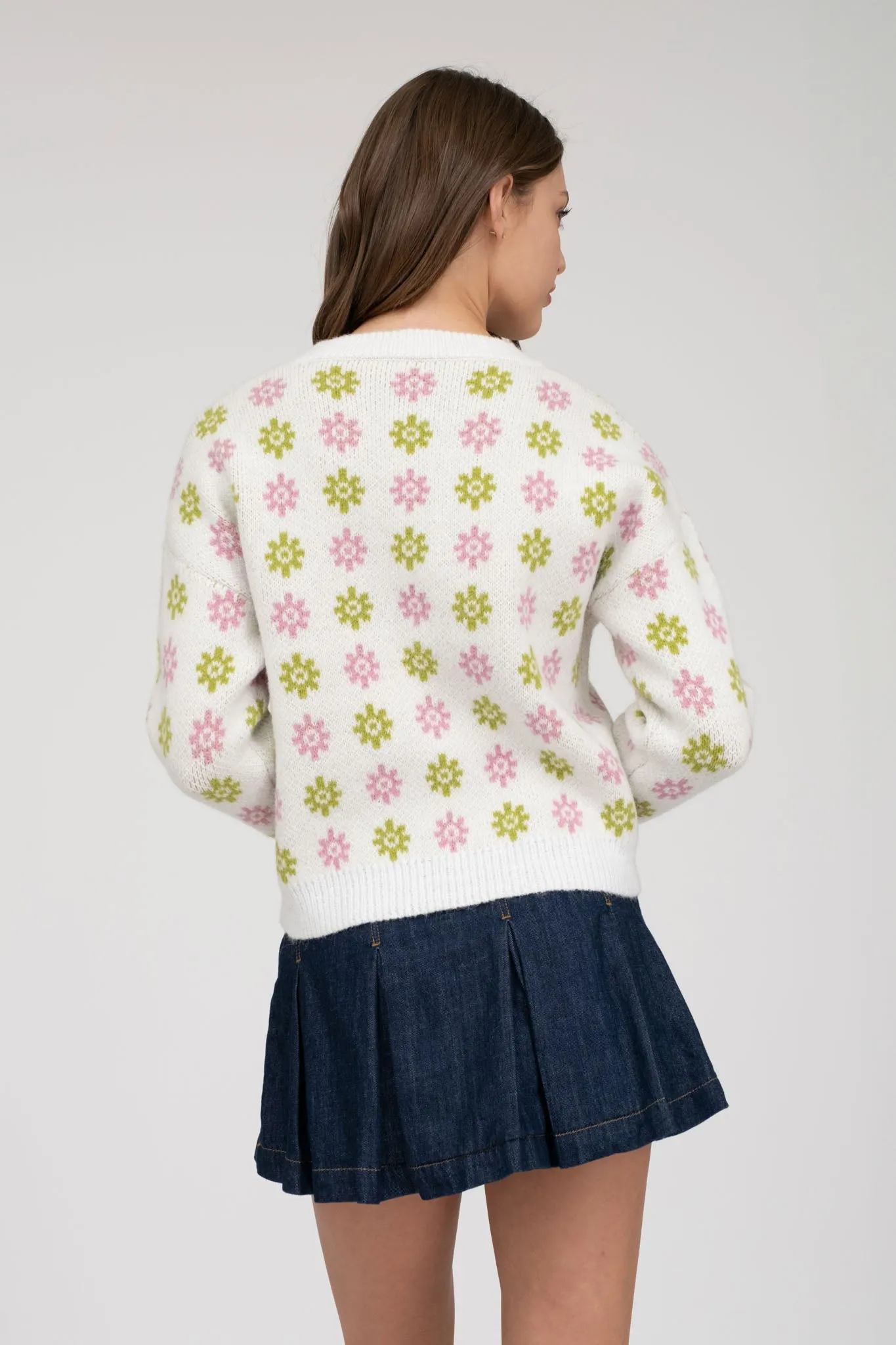 MULTICOLOR FLORAL PRINT LONG SLEEVE KNIT PULLOVER