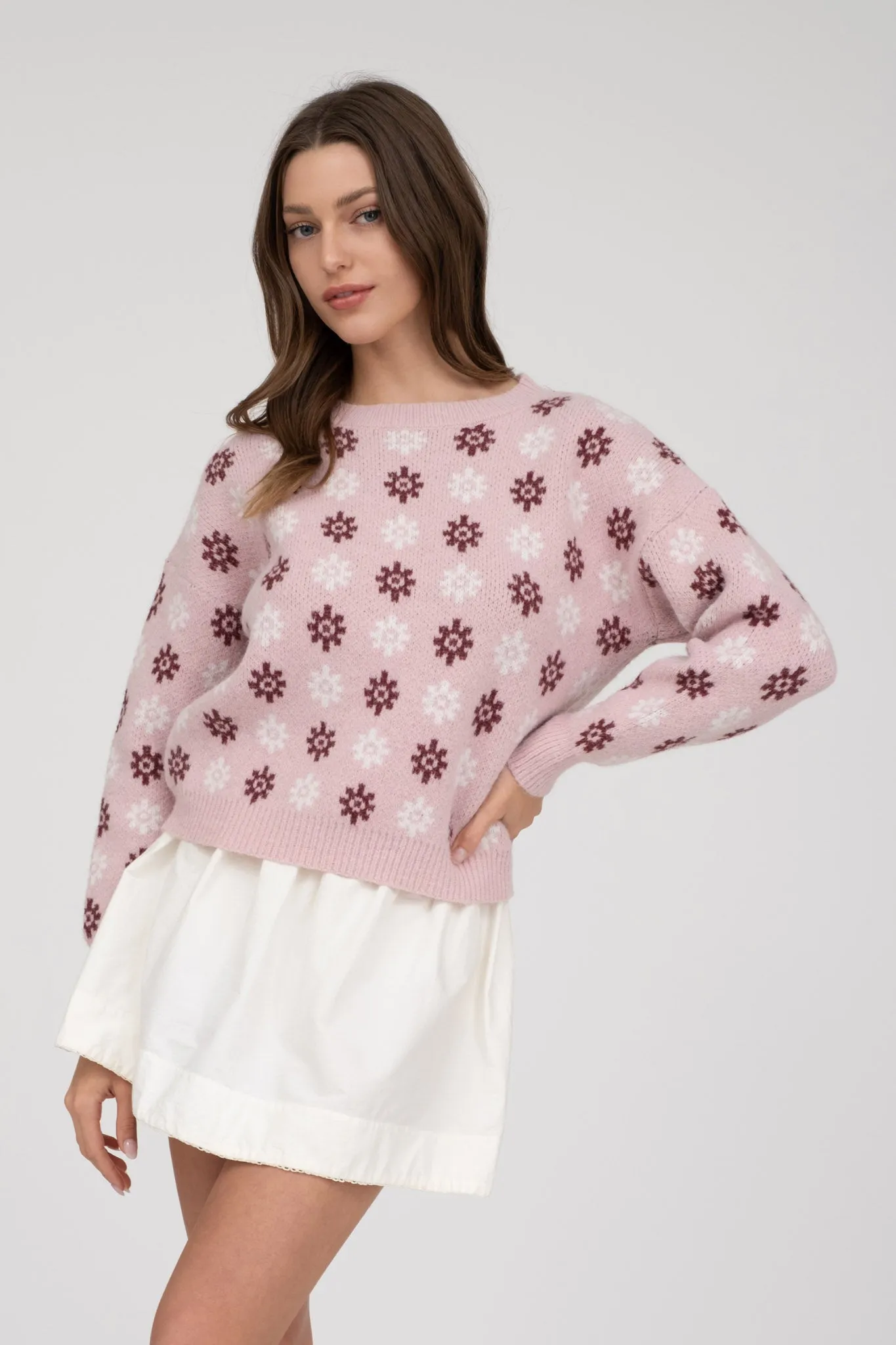 MULTICOLOR FLORAL PRINT LONG SLEEVE KNIT PULLOVER