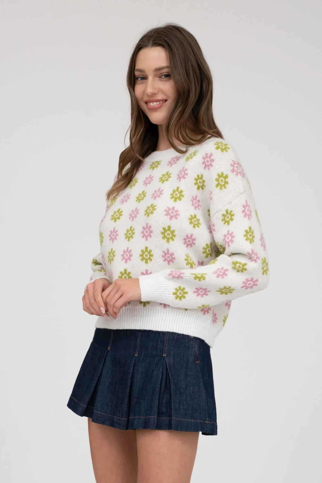 MULTICOLOR FLORAL PRINT LONG SLEEVE KNIT PULLOVER