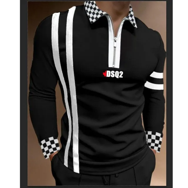 Nukty Fall Winter New Men Polo Shirts Cotton Blends Striped Full Sleeve High Quality Casual Turn-Down Collar Zipper Thermal Top