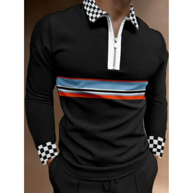 Nukty Fall Winter New Men Polo Shirts Cotton Blends Striped Full Sleeve High Quality Casual Turn-Down Collar Zipper Thermal Top