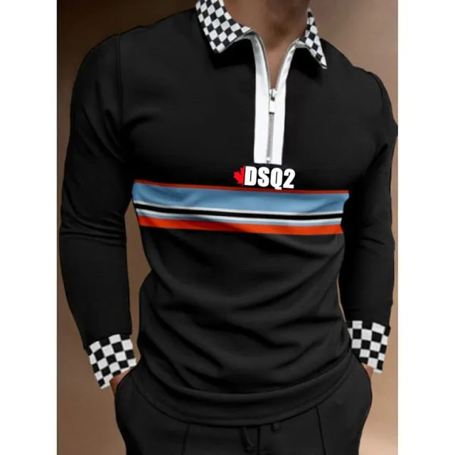 Nukty Fall Winter New Men Polo Shirts Cotton Blends Striped Full Sleeve High Quality Casual Turn-Down Collar Zipper Thermal Top