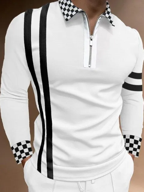 Nukty Fall Winter New Men Polo Shirts Cotton Blends Striped Full Sleeve High Quality Casual Turn-Down Collar Zipper Thermal Top