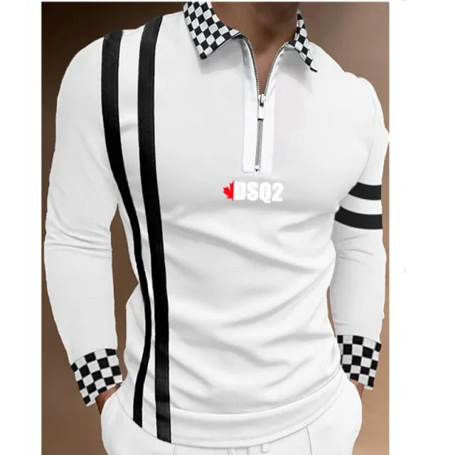 Nukty Fall Winter New Men Polo Shirts Cotton Blends Striped Full Sleeve High Quality Casual Turn-Down Collar Zipper Thermal Top