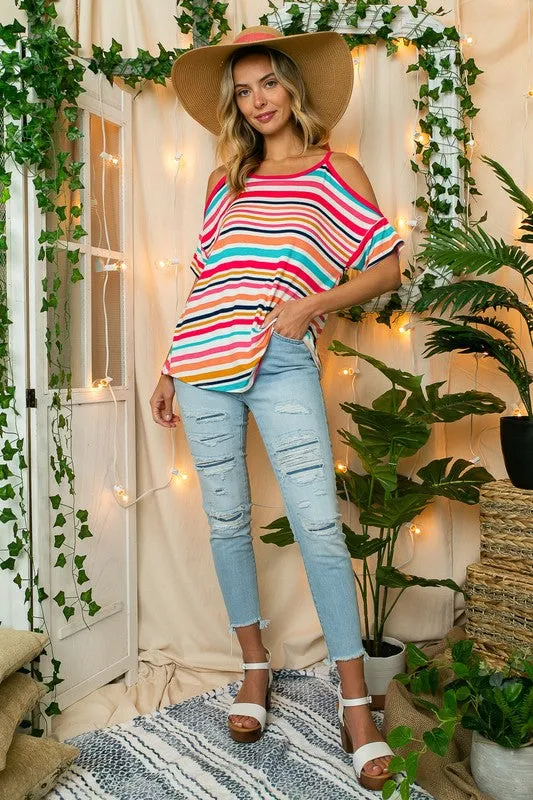 PLUS MULTI STRIPE  COLD SHOULDER TOP