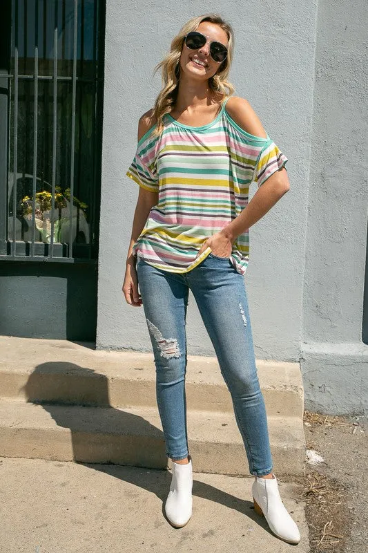 PLUS MULTI STRIPE  COLD SHOULDER TOP