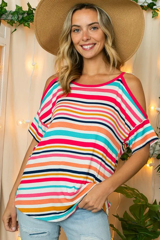 PLUS MULTI STRIPE  COLD SHOULDER TOP