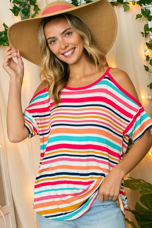 PLUS MULTI STRIPE  COLD SHOULDER TOP