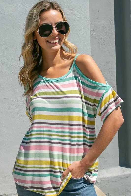 PLUS MULTI STRIPE  COLD SHOULDER TOP