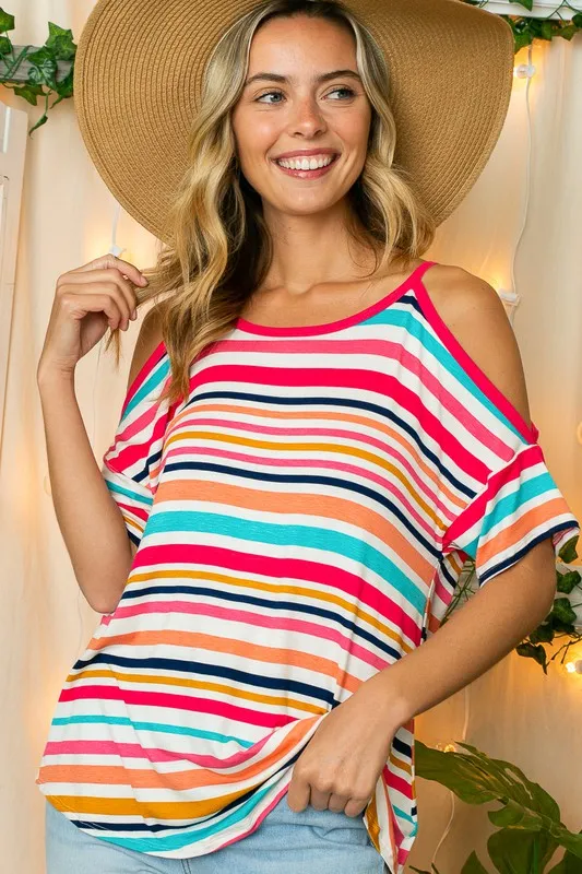 PLUS MULTI STRIPE  COLD SHOULDER TOP