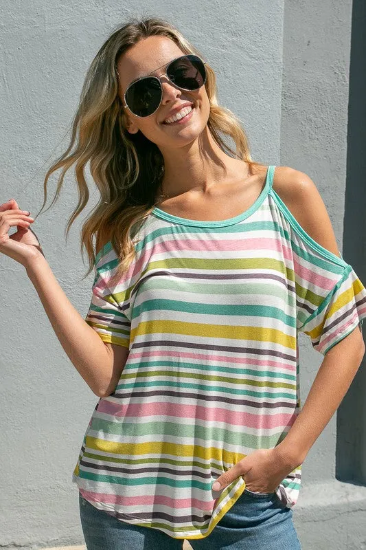 PLUS MULTI STRIPE  COLD SHOULDER TOP