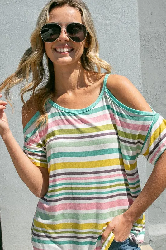 PLUS MULTI STRIPE  COLD SHOULDER TOP