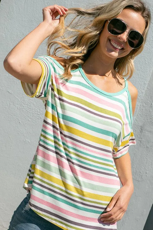 PLUS MULTI STRIPE  COLD SHOULDER TOP