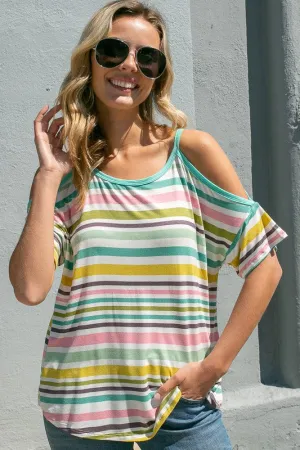 PLUS MULTI STRIPE  COLD SHOULDER TOP